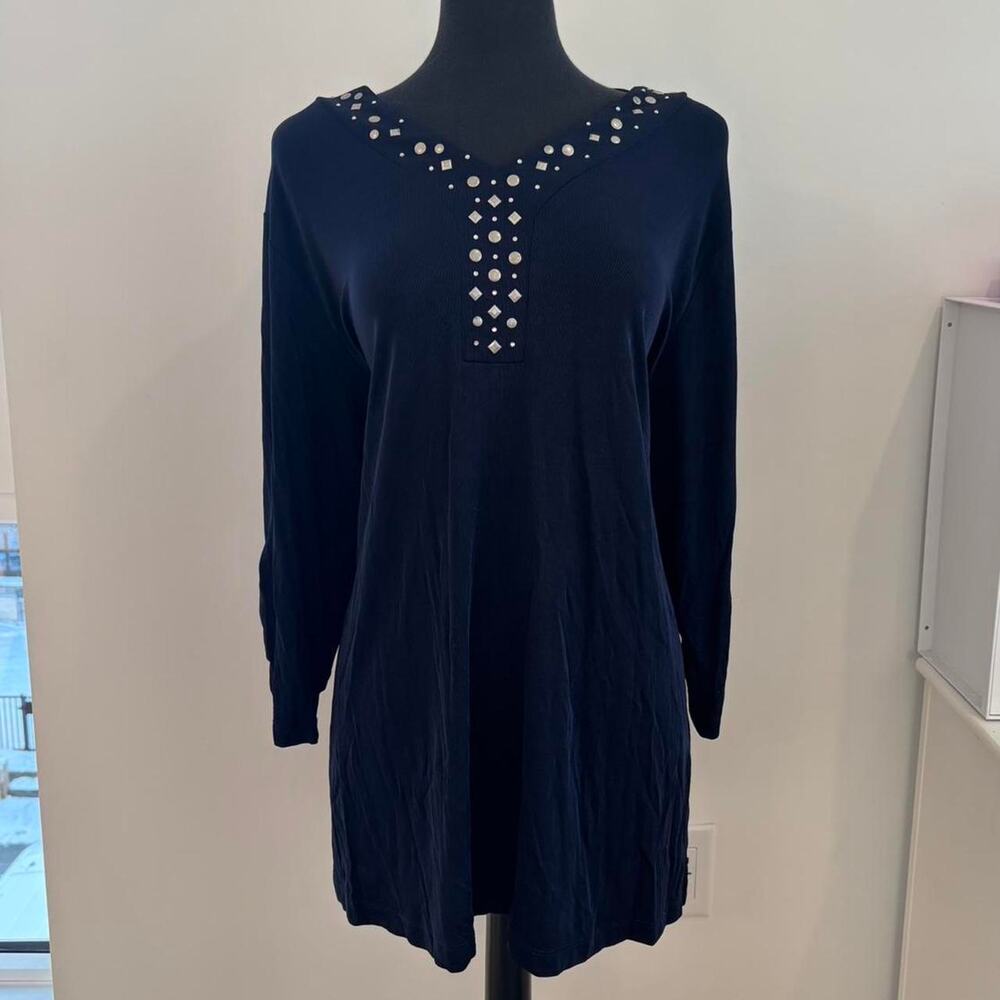 Slinky Brand Navy Blue with Gold Gems V Neck Stretchy Blouse Sz 2X